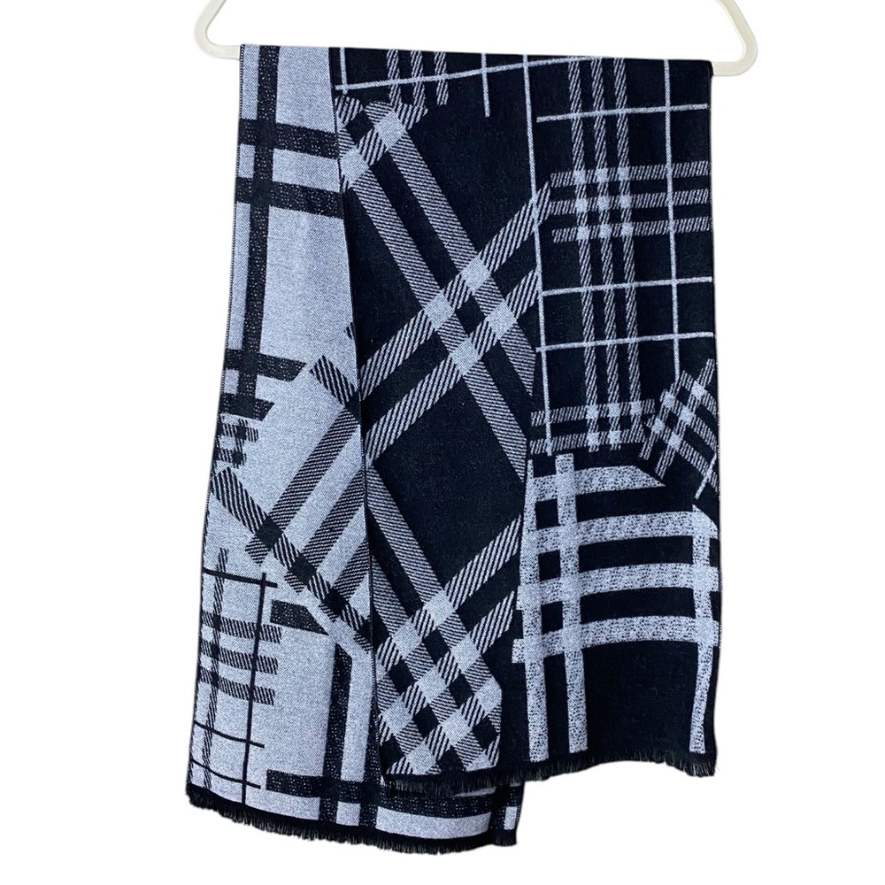 Reversible Plaid Bohemian Soft Scarf Wrap Academia‎ Preppy Black White